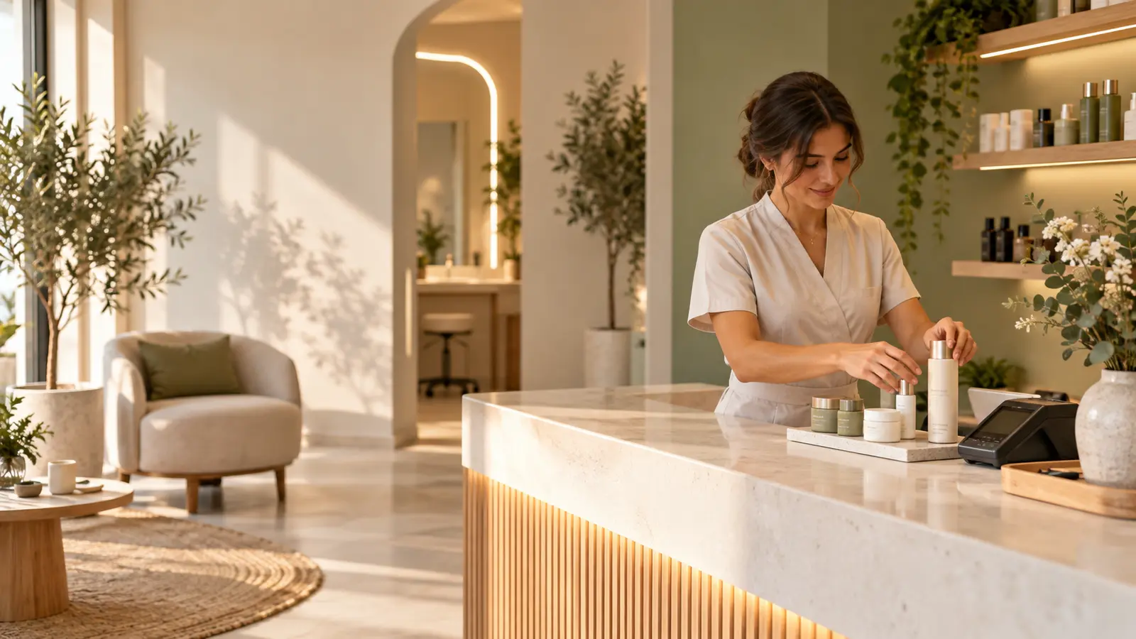 Profissional de estética a preparar produtos e pagamento num balcão luminoso de centro de estética