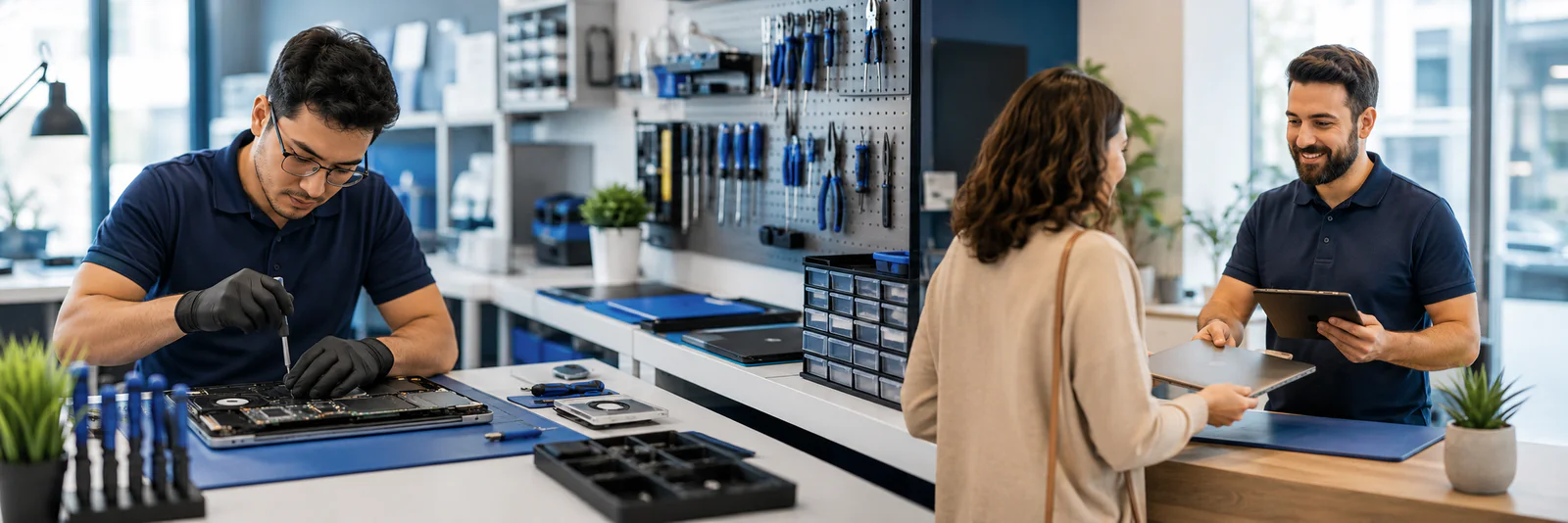 Técnico a reparar um computador, ferramentas organizadas e receção de equipamentos com um tablet