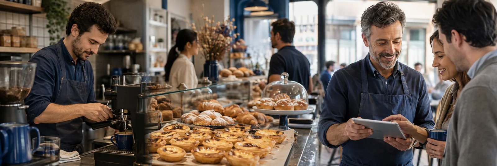 Barista a preparar café, montra de pastelaria e responsável a atender clientes com um tablet