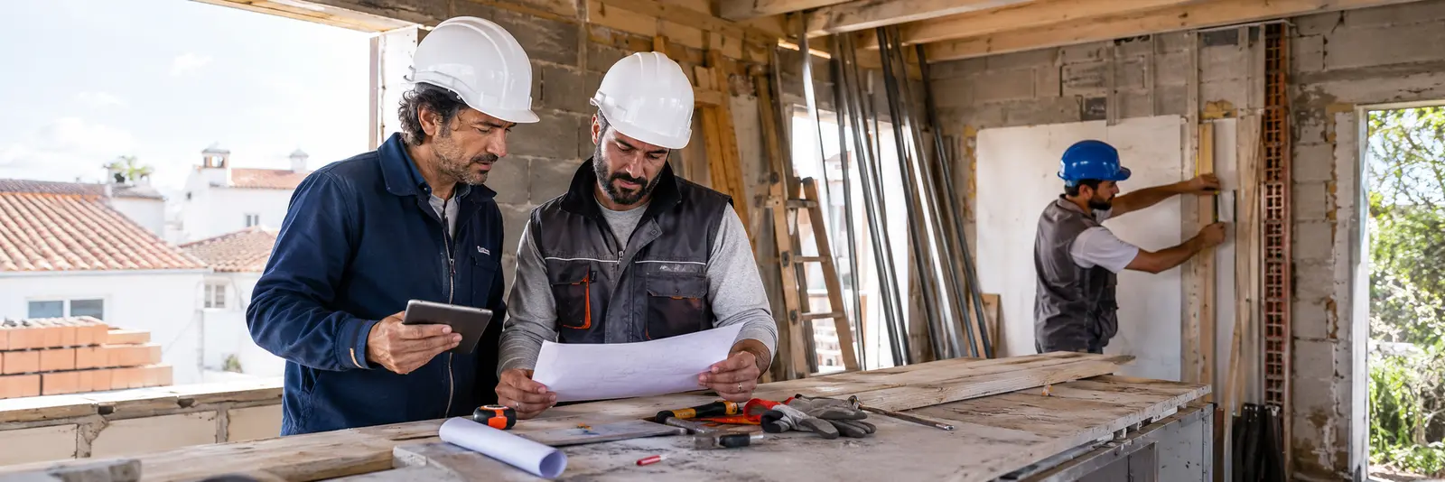 Responsável e profissional da construção civil a rever um projeto numa obra de remodelação