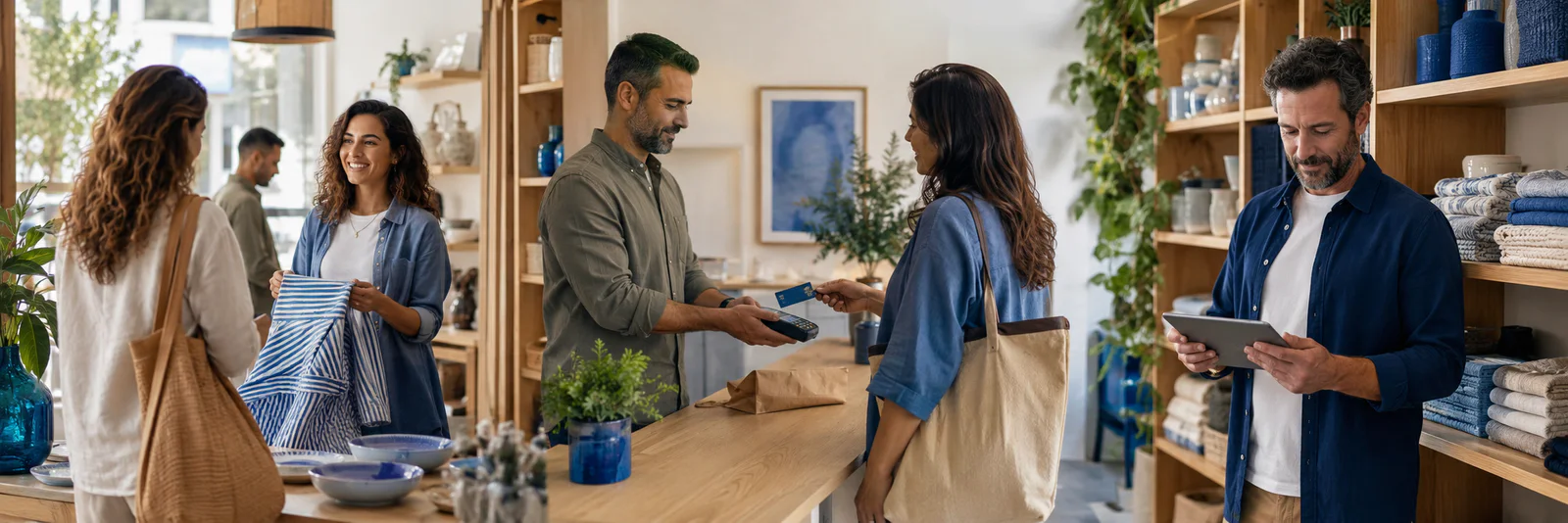 Clientes numa loja, pagamento ao balcão e responsável a controlar produtos num tablet