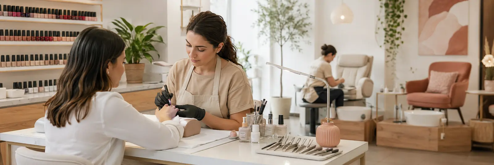 Profissional a realizar uma manicure com verniz gel num estúdio de unhas moderno com área de pedicure ao fundo