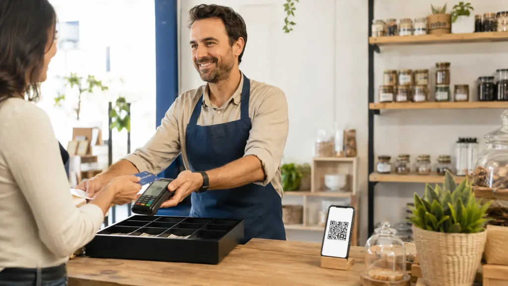 Comerciante a organizar pagamentos e caixa de um pequeno negócio