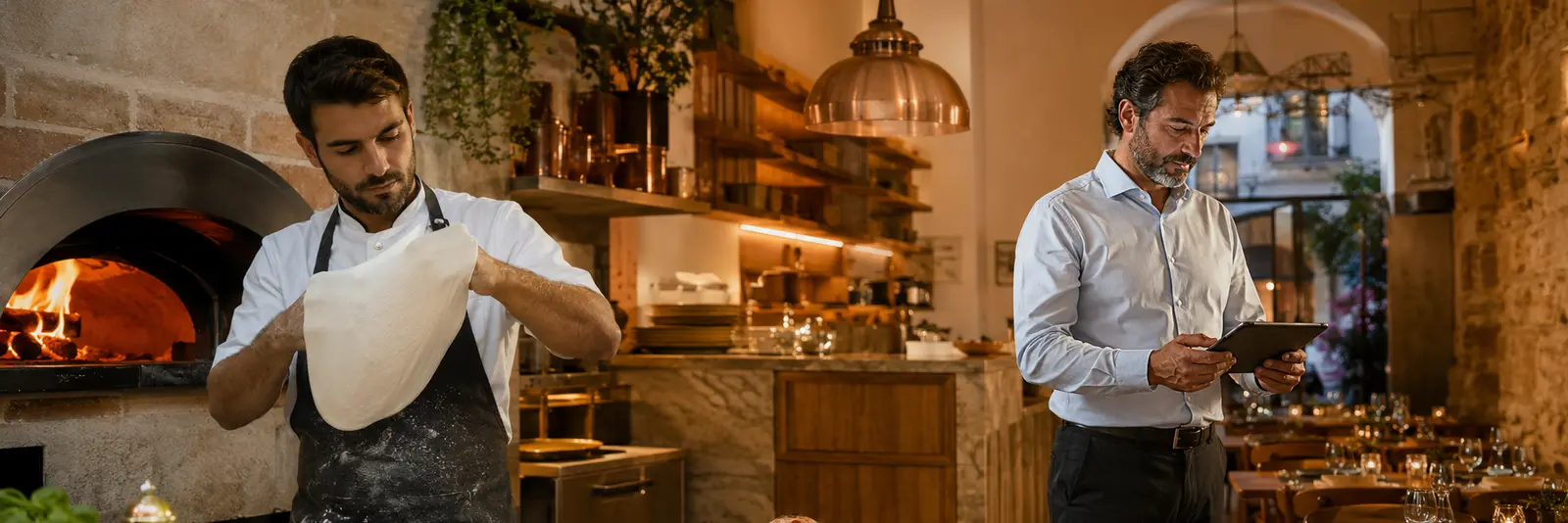 Pizzaiolo a preparar massa junto ao forno e responsável de uma pizzaria a consultar a gestão num tablet
