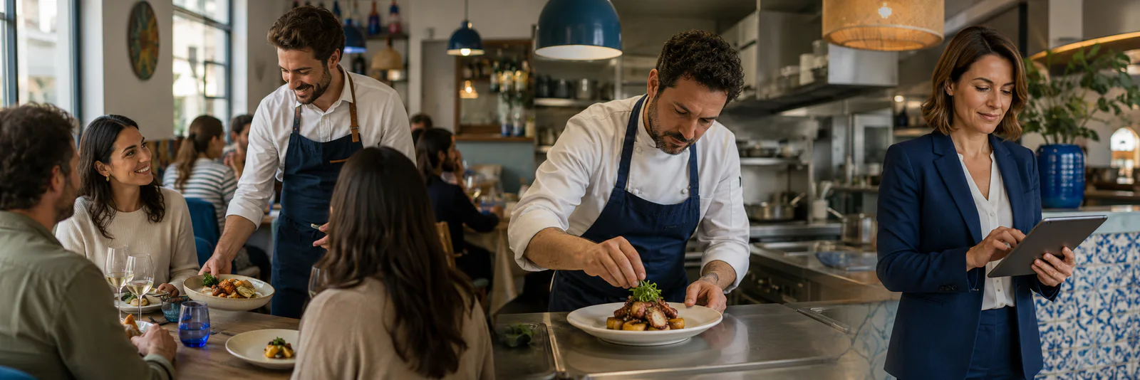 Empregado a servir clientes, chef a preparar um prato e responsável do restaurante a utilizar um tablet
