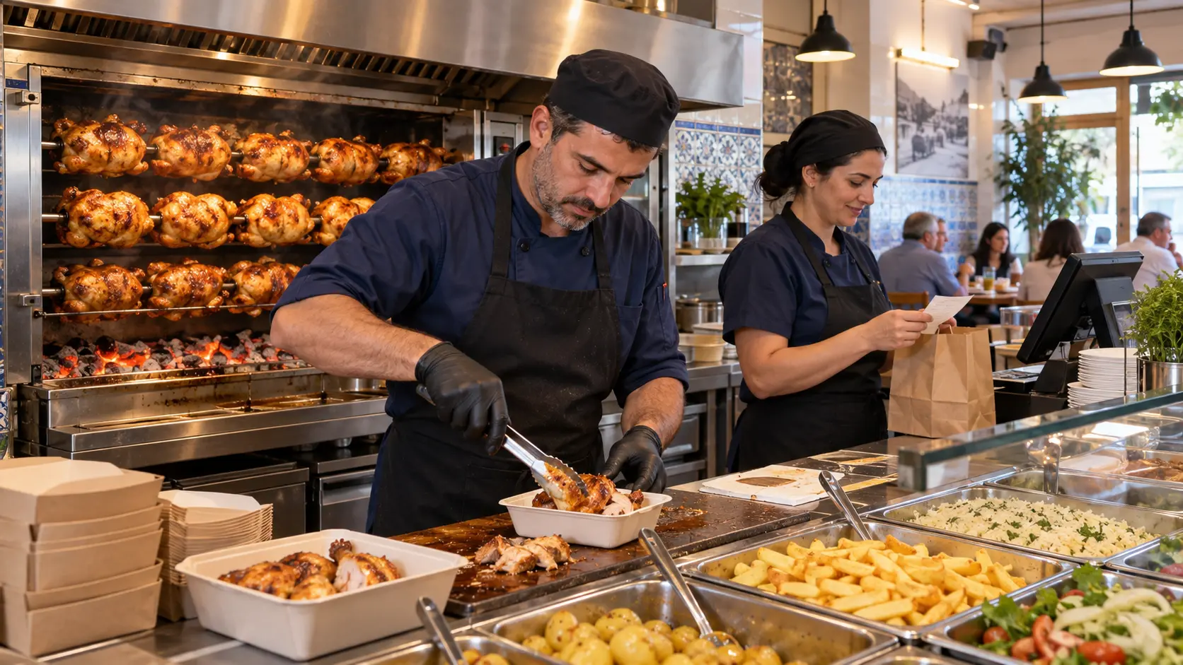 Equipa de uma churrasqueira portuguesa a preparar frango assado e a conferir um pedido de takeaway junto ao ponto de venda