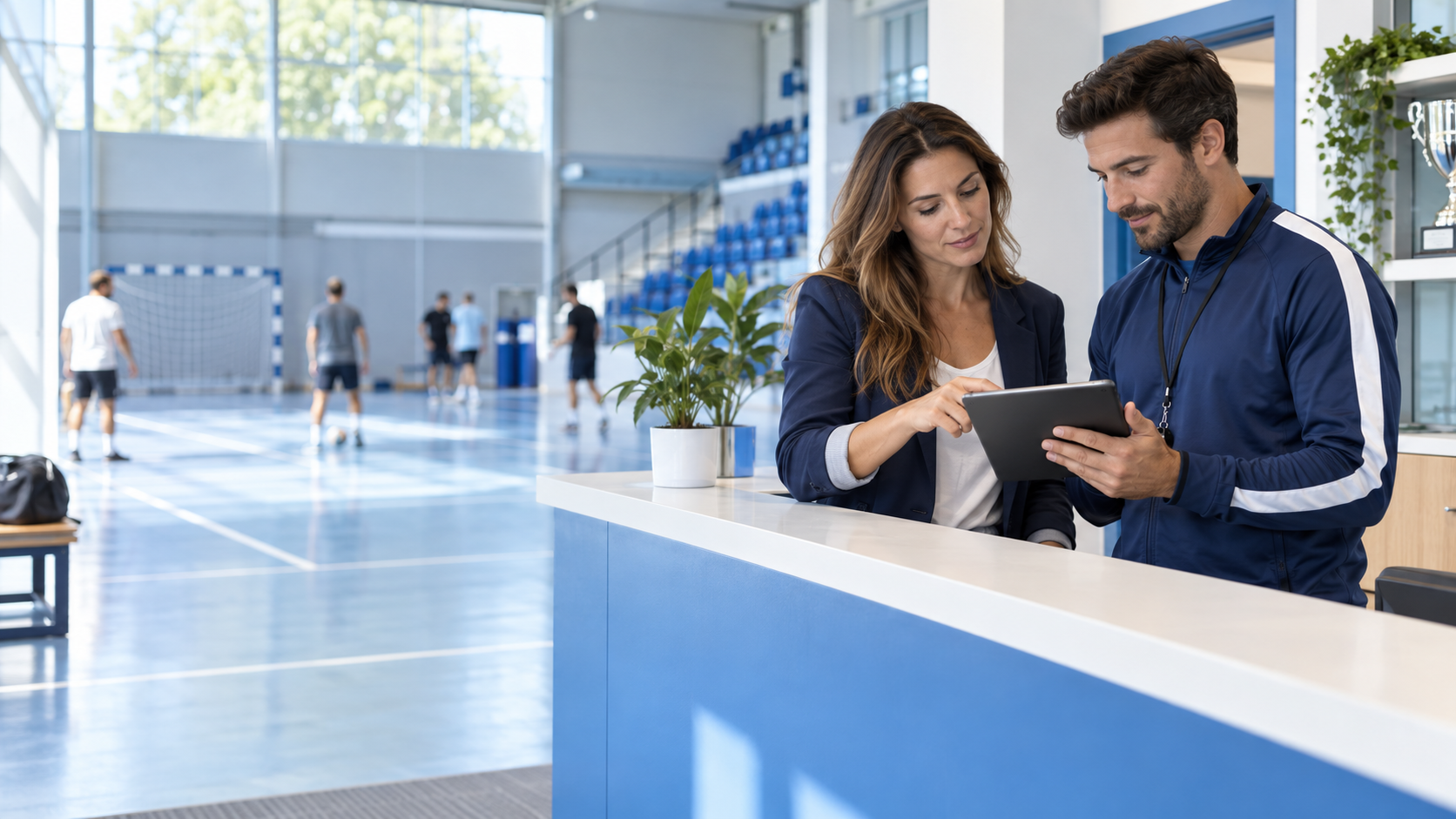 Responsáveis de um clube desportivo a consultar informação de pagamentos num tablet junto a um pavilhão