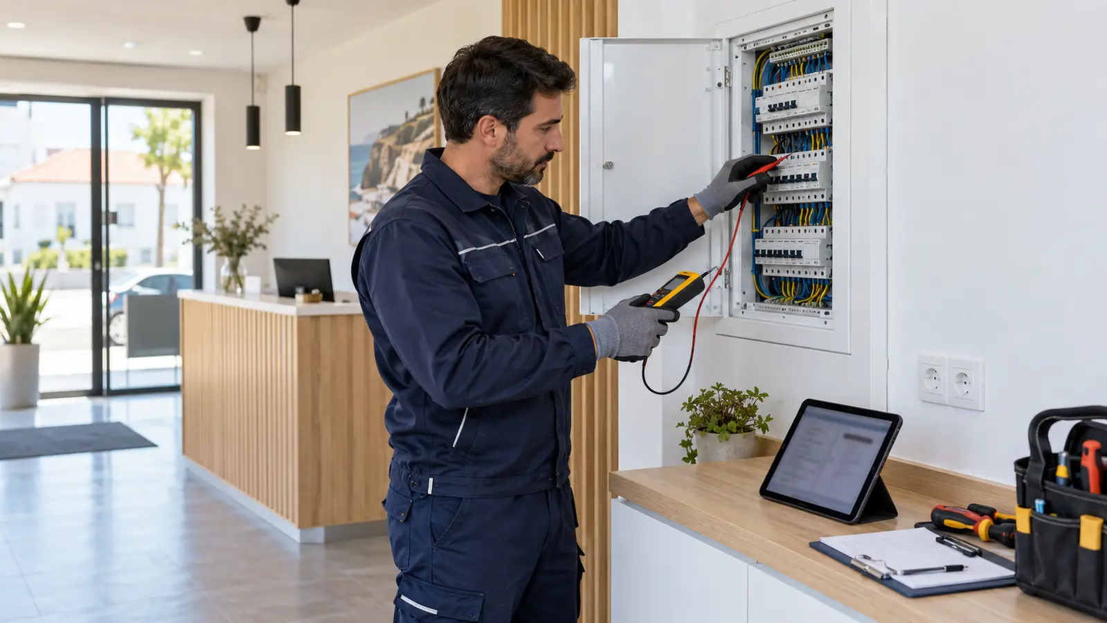 Eletricista a verificar um quadro elétrico com equipamento de medição numa instalação comercial
