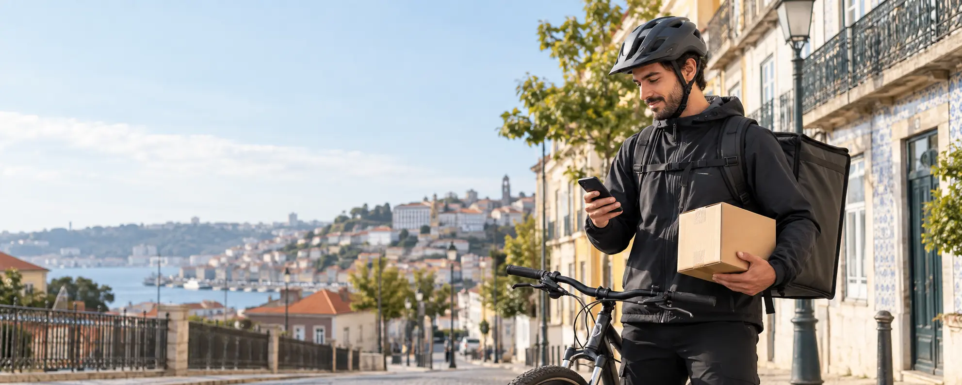 Estafeta de bicicleta com uma encomenda a consultar o telemóvel numa rua portuguesa