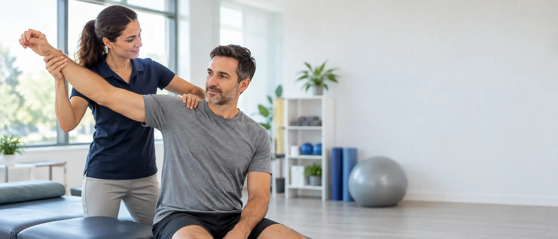 Fisioterapeuta a acompanhar um exercício de mobilidade num consultório luminoso