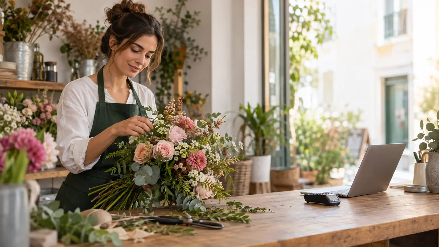 Florista prepara um ramo numa loja de flores, com computador e terminal de pagamento no balcão
