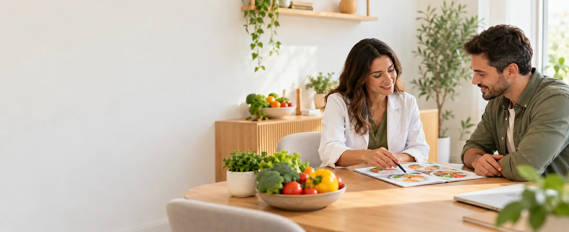 Nutricionista em consulta com cliente numa sala luminosa com alimentos frescos sobre a mesa