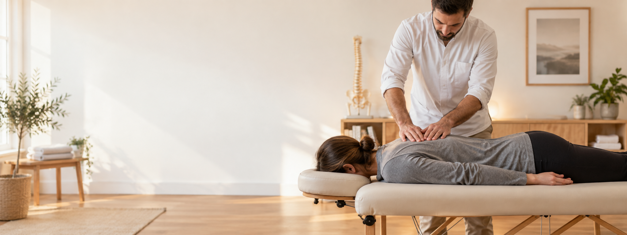 Osteopata a acompanhar um cliente numa marquesa durante uma consulta num espaço luminoso