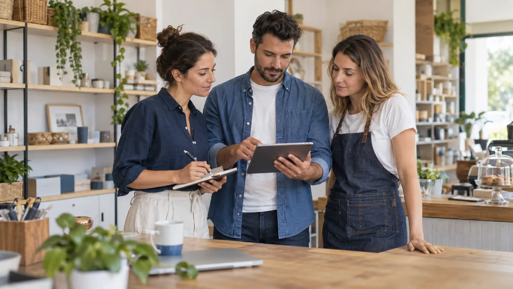 Equipa de um pequeno negócio a organizar tarefas e prioridades num tablet para melhorar a produtividade