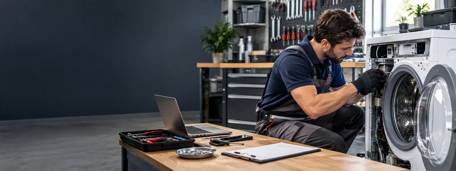 Técnico repara uma máquina de lavar roupa numa oficina organizada