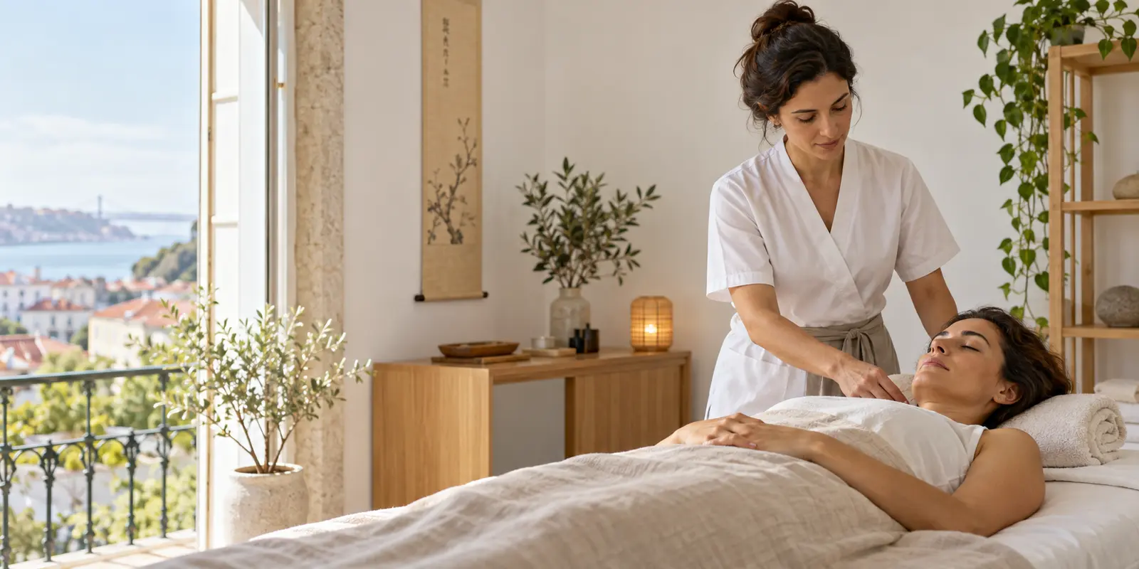 Profissional de acupunctura a preparar uma sessão numa sala de tratamento calma e moderna