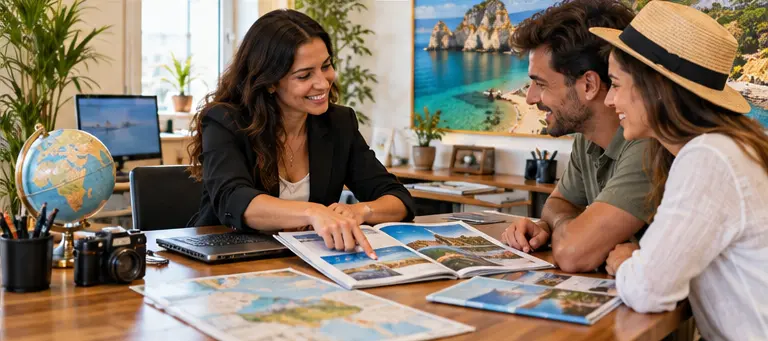 Consultora de agência de viagens a preparar uma viagem com um casal no balcão