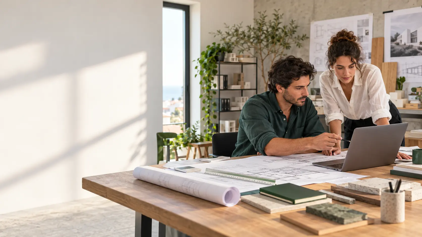 Dois arquitetos a analisar plantas e informação comercial num atelier de arquitetura moderno