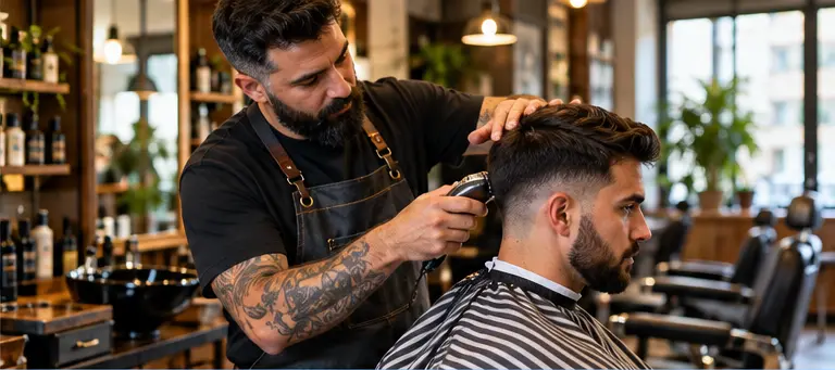Barbeiro a realizar um corte de cabelo numa barbearia moderna