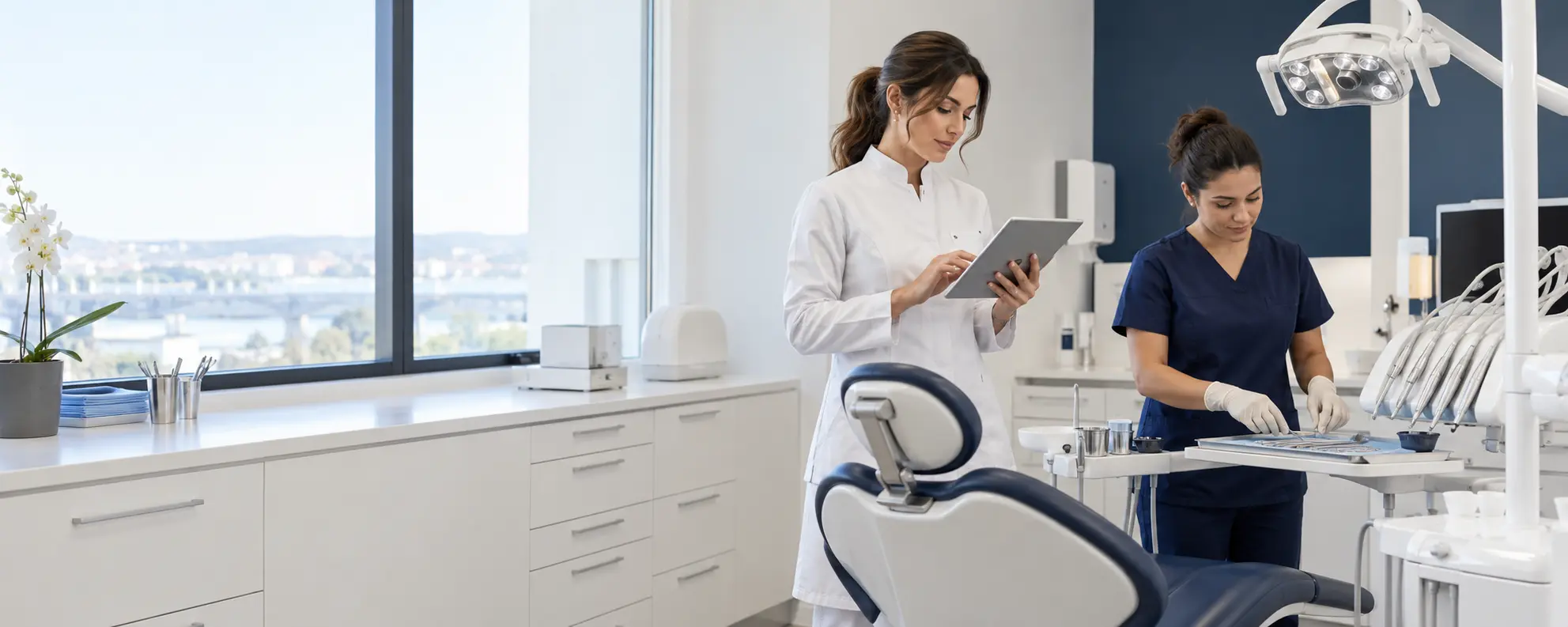 Equipa de clínica dentária a preparar um consultório e a consultar informação administrativa num tablet