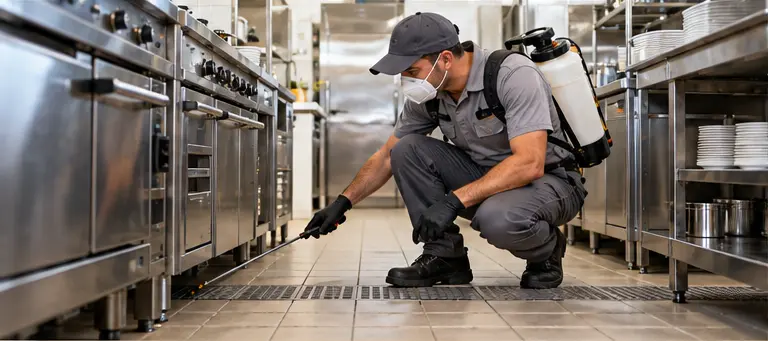 Técnico de controlo de pragas a inspecionar uma cozinha profissional