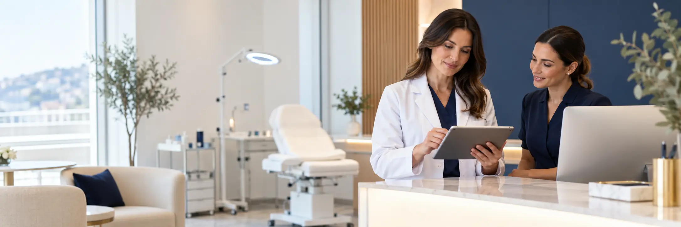 Dermatologista numa consulta discreta com uma paciente adulta numa clínica moderna