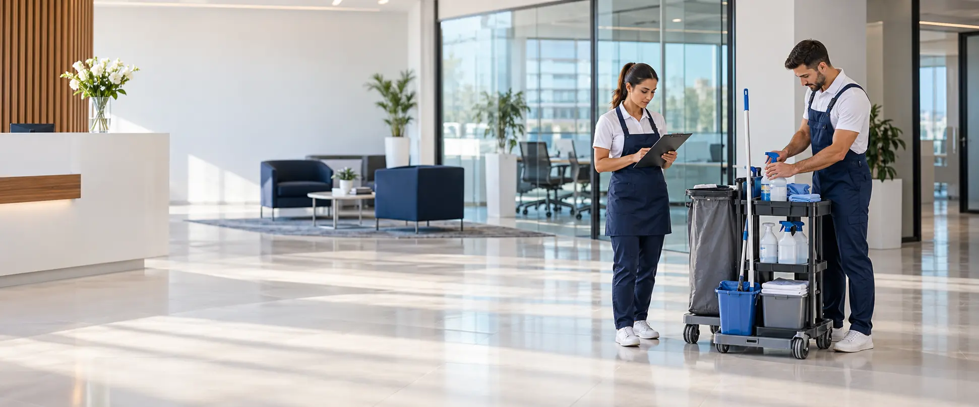 Equipa de empresa de limpeza a preparar equipamento num escritório antes de iniciar o serviço