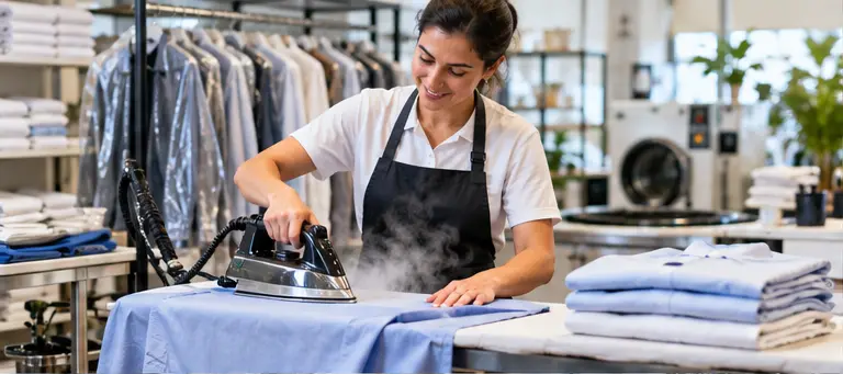 Profissional de engomadoria a preparar roupa numa loja de tratamento têxtil