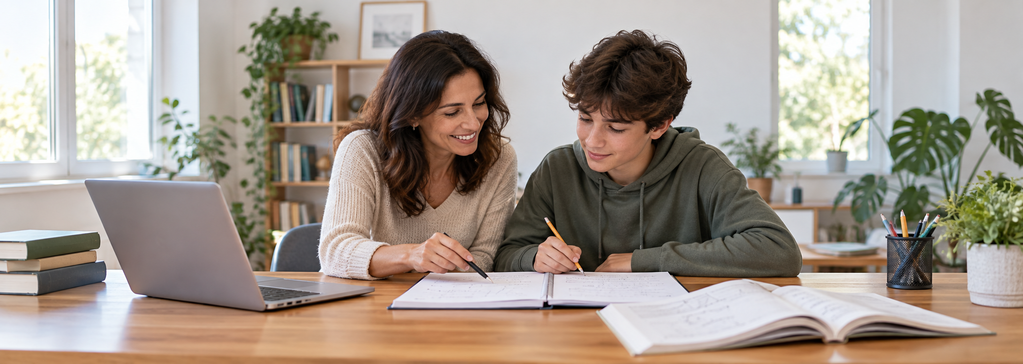Explicadora a acompanhar um aluno no estudo de matemática junto de cadernos e um computador