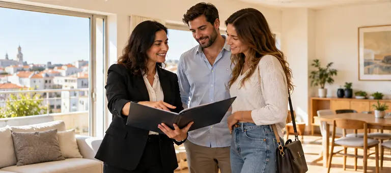 Consultora imobiliária a apresentar documentação a um casal num apartamento