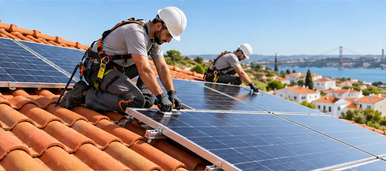 Técnicos a instalar painéis solares num telhado de habitação portuguesa