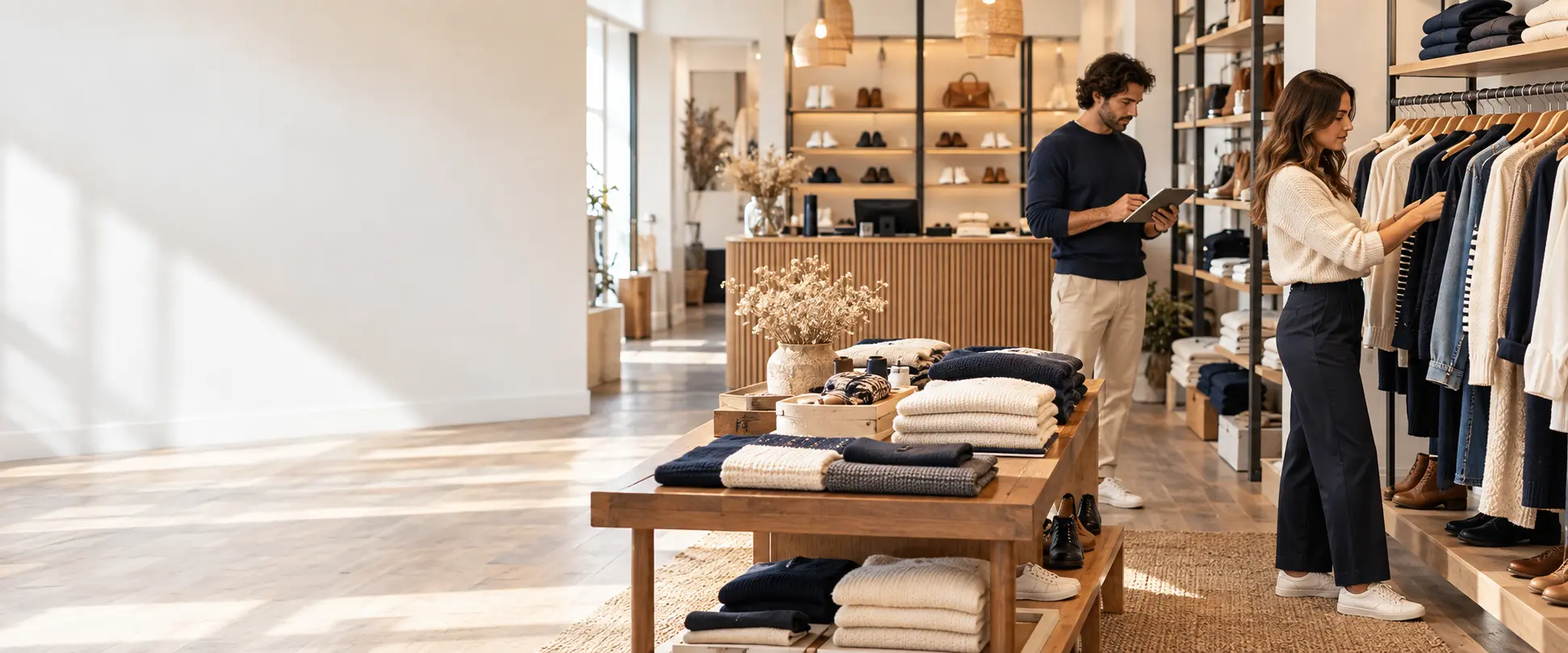 Colaboradores de loja de roupa a organizar artigos e a consultar stock numa boutique