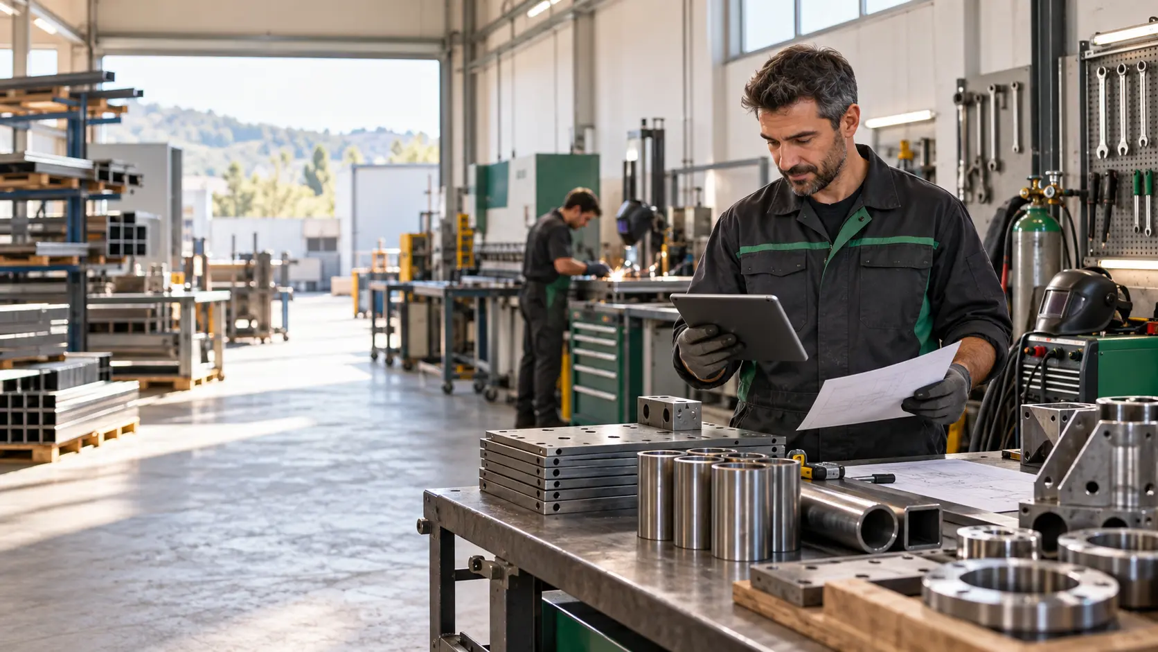 Responsável de metalomecânica a consultar tablet e desenho técnico numa oficina organizada