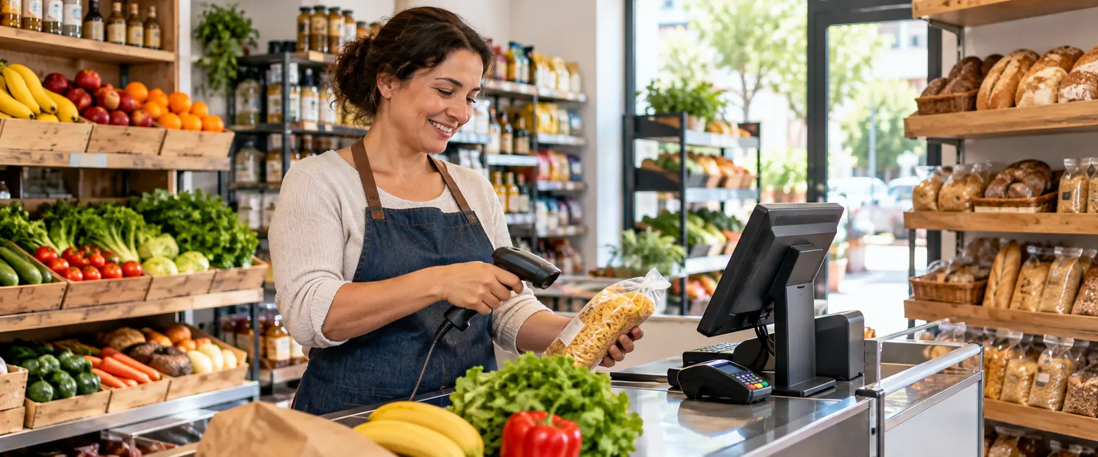 Responsável de minimercado a registar produtos com leitor de código de barras num balcão com terminal POS