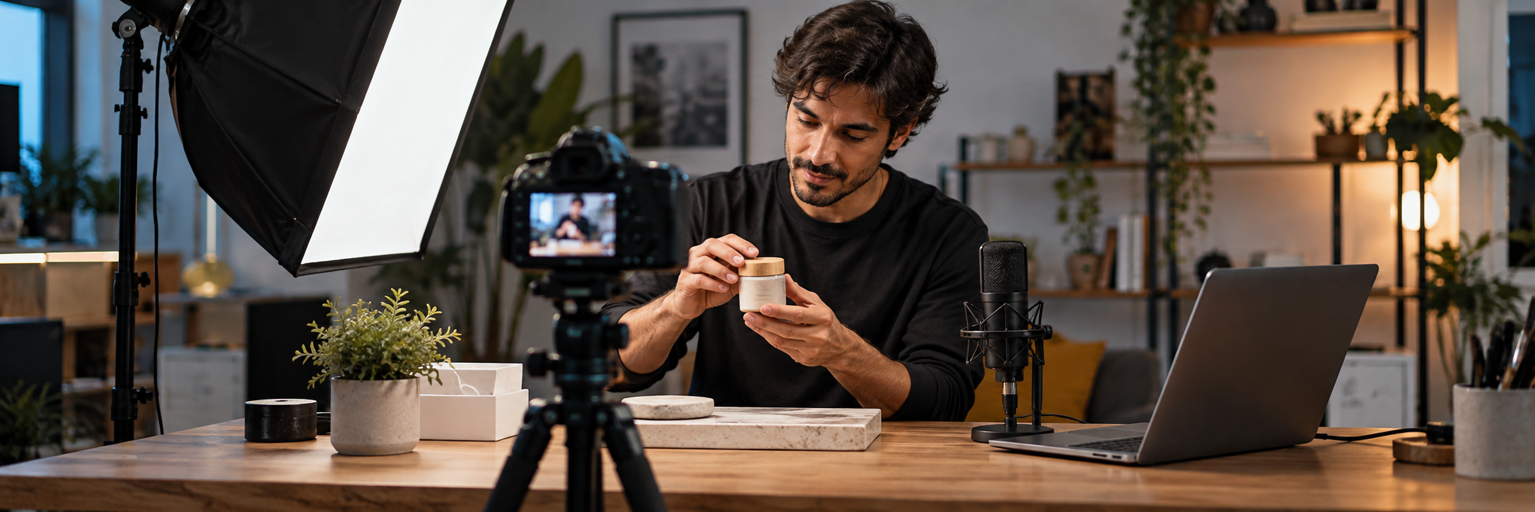 Criador de conteúdos digitais a gravar um produto num estúdio com câmara, iluminação e computador