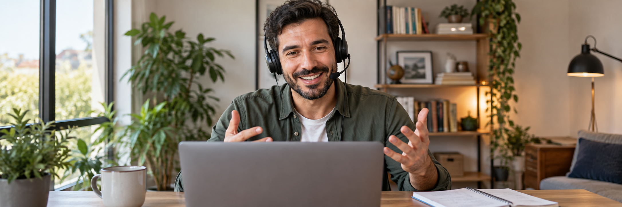 Formador online a apresentar uma aula a partir de um escritório com computador e auscultadores com microfone