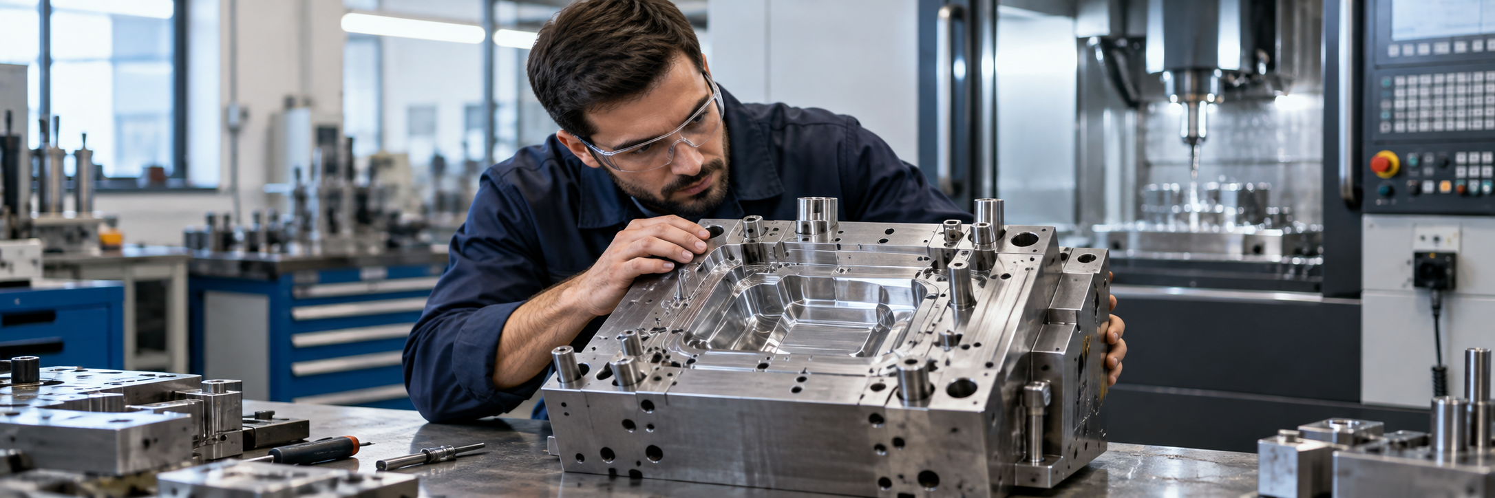 Técnico com óculos de proteção a inspecionar um molde metálico numa oficina industrial