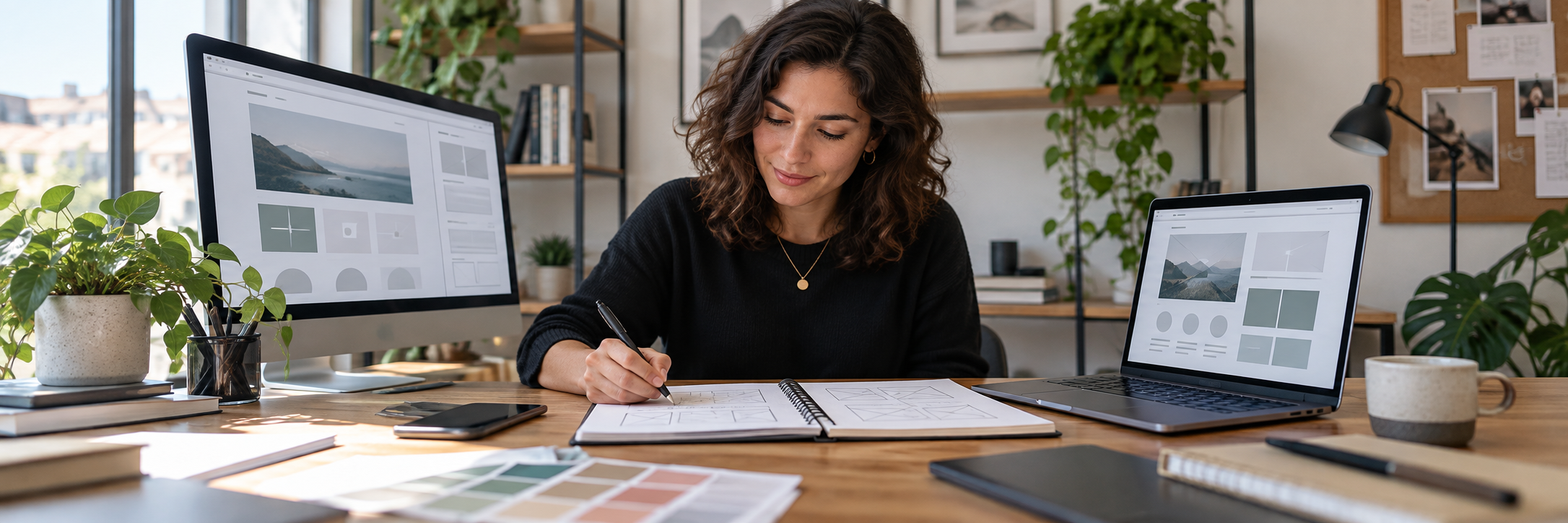 Web designer a trabalhar em propostas visuais de websites num escritório com dois monitores